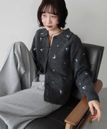 フラワー刺繍襟付きニットカーディガン