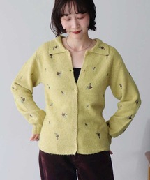 フラワー刺繍襟付きニットカーディガン