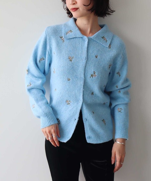 フラワー刺繍襟付きニットカーディガン（カーディガン/ボレロ）｜earth