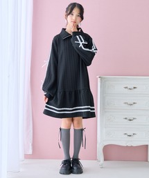 Amourire girl（アムリールガール）の「ハーフジップジャガードワンピース ワンピース 長袖 ハーフジップ スウェット スエット オーバーサイズ ミニ フレア ジャンパースカート リボン レース フリル（ワンピース）」
