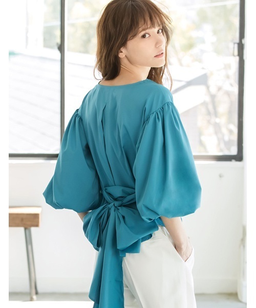 Re:EDIT（リエディ）の「マルチウェイウエストリボン付きブラウス（シャツ/ブラウス・レディース・ベージュ/オレンジ/イエロー/パープル/ネイビー/ラベンダー/ブラック/アイボリー/ブルーグリーン/レッド/グリーン・LARGE/SMALL/MEDIUM）」の6枚目の写真