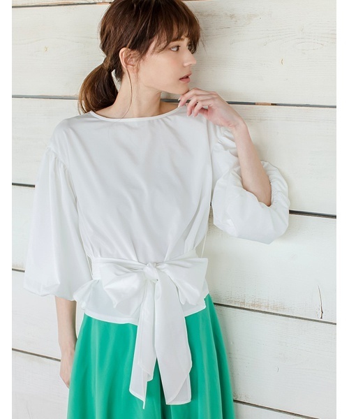 Re:EDIT（リエディ）の「マルチウェイウエストリボン付きブラウス（シャツ/ブラウス・レディース・ベージュ/オレンジ/イエロー/パープル/ネイビー/ラベンダー/ブラック/アイボリー/ブルーグリーン/レッド/グリーン・LARGE/SMALL/MEDIUM）」の2枚目の写真