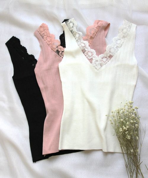 KOBE LETTUCE(コウベレタス)の「胸元レースノースリニットトップス(タンクトップ・レディース・ブラック/ベージュ/オフホワイト/ピンク/モカ・FREE)」の12枚目の写真