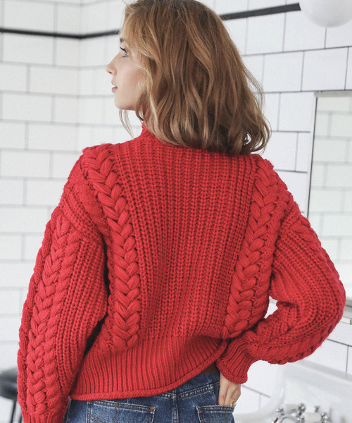 アリシアスタン High Neck Hand Cable Knit Top