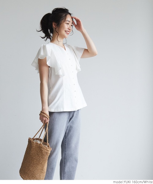 coca（coca）（コカ）の「袖フリルフロントボタンブラウス（シャツ/ブラウス・レディース・ブラック/ホワイト・ONE SIZE）」の13枚目の写真