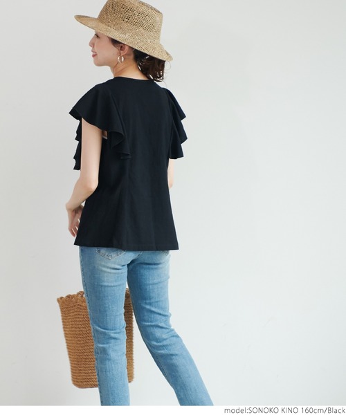 coca（coca）（コカ）の「袖フリルフロントボタンブラウス（シャツ/ブラウス・レディース・ブラック/ホワイト・ONE SIZE）」の7枚目の写真