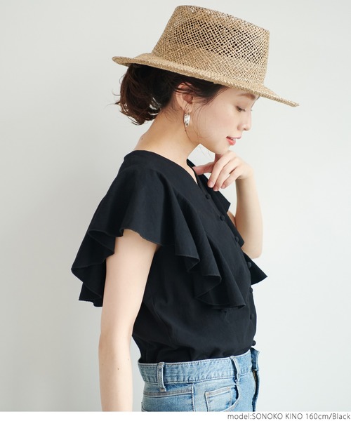coca（coca）（コカ）の「袖フリルフロントボタンブラウス（シャツ/ブラウス・レディース・ブラック/ホワイト・ONE SIZE）」の8枚目の写真