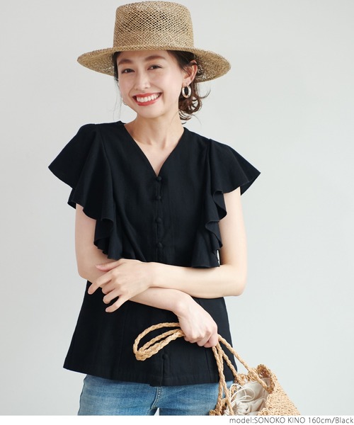 coca（coca）（コカ）の「袖フリルフロントボタンブラウス（シャツ/ブラウス・レディース・ブラック/ホワイト・ONE SIZE）」の15枚目の写真