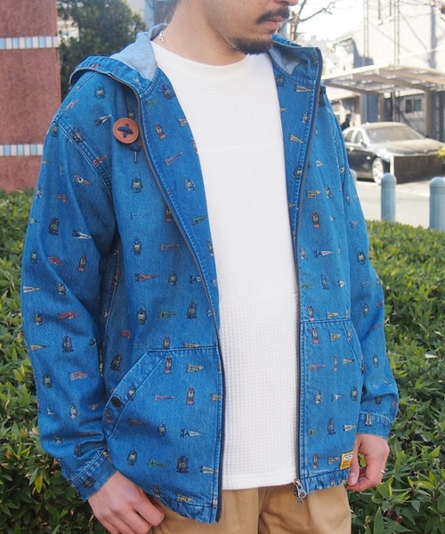 grn（ジーアールエヌ）の「◇PRINTWORKPARKA 総柄ﾌﾟﾘﾝﾄﾜｰｸﾊﾟｰｶｰﾄ/ﾂｲﾙ/ﾃﾞﾆﾑ/ﾍﾟｲｽﾞﾘｰ/ｽﾄﾗｲﾌﾟ（パーカー・メンズ・ブラック/インディゴブルー/ナチュラル/ストライプ・M/L）」の8枚目の写真