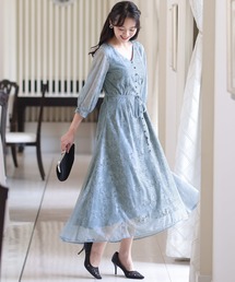 【美品】VIOLETTAレース袖付きオケージョンドレス ライトブルー カラードレス 水蓝色 オフショルダー チュールスカート ロング