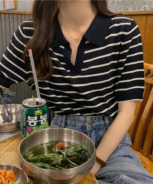 MANGROVE（マングローブ）の「ハーフボーダーポロニット（Tシャツ/カットソー・レディース・ブラック/アイボリー・FREE）」の2枚目の写真