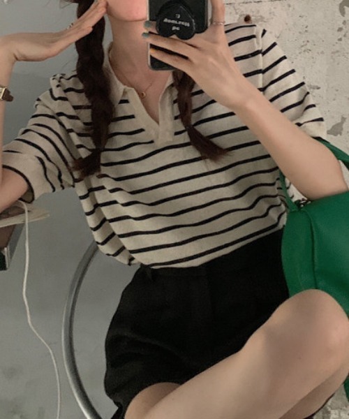 MANGROVE（マングローブ）の「ハーフボーダーポロニット（Tシャツ/カットソー・レディース・ブラック/アイボリー・FREE）」の4枚目の写真