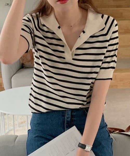 MANGROVE（マングローブ）の「ハーフボーダーポロニット（Tシャツ/カットソー・レディース・ブラック/アイボリー・FREE）」の6枚目の写真