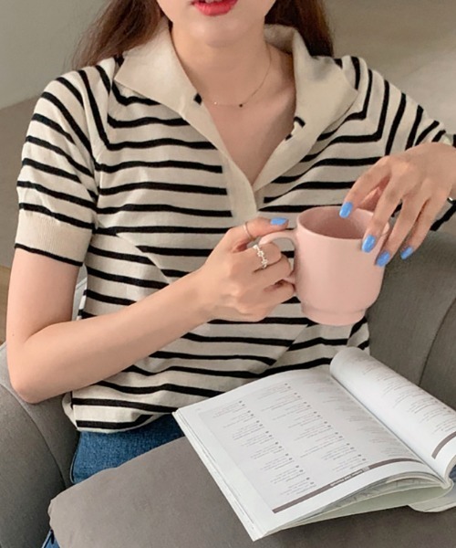 MANGROVE（マングローブ）の「ハーフボーダーポロニット（Tシャツ/カットソー・レディース・ブラック/アイボリー・FREE）」の13枚目の写真