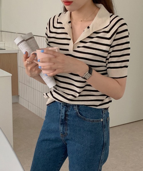 MANGROVE（マングローブ）の「ハーフボーダーポロニット（Tシャツ/カットソー・レディース・ブラック/アイボリー・FREE）」の8枚目の写真