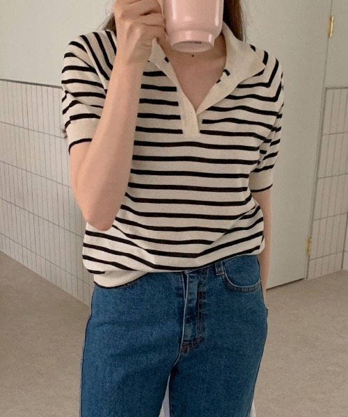 MANGROVE（マングローブ）の「ハーフボーダーポロニット（Tシャツ/カットソー・レディース・ブラック/アイボリー・FREE）」の10枚目の写真