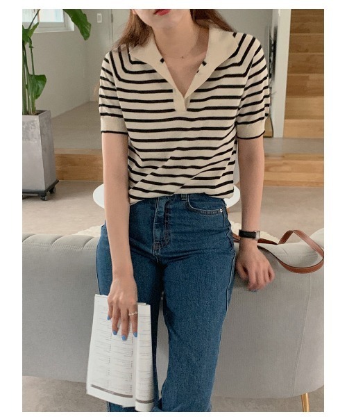 MANGROVE（マングローブ）の「ハーフボーダーポロニット（Tシャツ/カットソー・レディース・ブラック/アイボリー・FREE）」の15枚目の写真