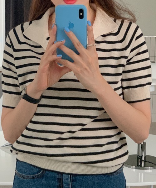 MANGROVE（マングローブ）の「ハーフボーダーポロニット（Tシャツ/カットソー・レディース・ブラック/アイボリー・FREE）」の3枚目の写真