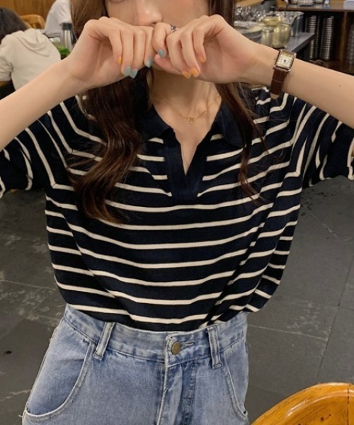 MANGROVE（マングローブ）の「ハーフボーダーポロニット（Tシャツ/カットソー・レディース・ブラック/アイボリー・FREE）」の14枚目の写真