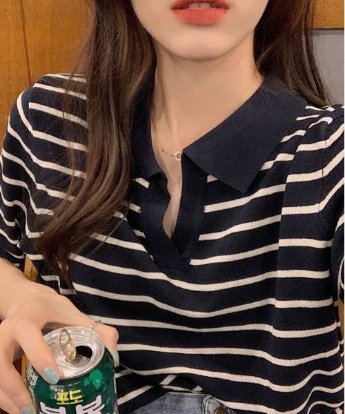 MANGROVE（マングローブ）の「ハーフボーダーポロニット（Tシャツ/カットソー・レディース・ブラック/アイボリー・FREE）」の9枚目の写真