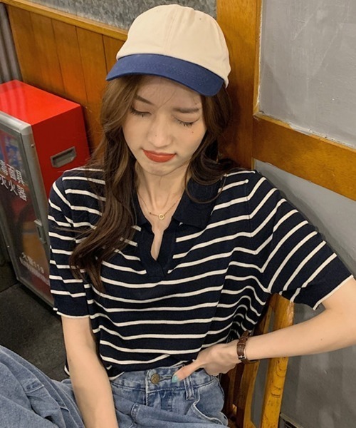 MANGROVE（マングローブ）の「ハーフボーダーポロニット（Tシャツ/カットソー・レディース・ブラック/アイボリー・FREE）」の12枚目の写真