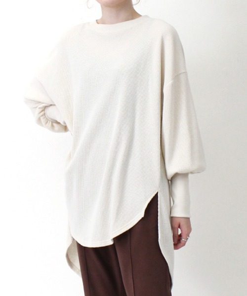 STYLEBLOCK(スタイルブロック)の「ワッフル起毛ロングトップス(Tシャツ/カットソー・レディース・ブラック/アイボリー/モカ・M)」の2枚目の写真