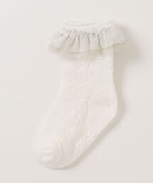 KP DECO | チュールフリル付き花柄フロート編みクルーソックス(13-15～21-23cm)(ソックス/靴下)