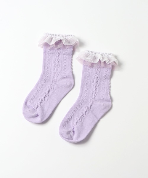 KP DECO(ケーピーデコ)の「チュールフリル付き花柄フロート編みクルーソックス(13-15~21-23cm)(ソックス/靴下・キッズ・ブラック/オフホワイト/ラベンダー・22cm/16cm/18cm/14cm/20cm)」の3枚目の写真