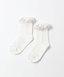 KP DECO | チュールフリル付き花柄フロート編みクルーソックス(13-15～21-23cm)(ソックス/靴下)