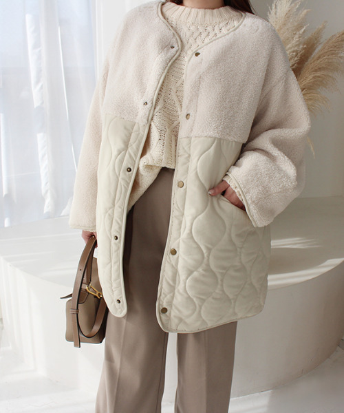 MODE ROBE（モードローブ）の「ボア切替キルティングショートコート（ブルゾン・レディース・アイボリー/ベージュ・FREE）」の3枚目の写真