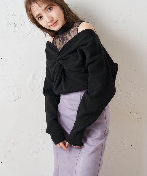 MIIA（ミーア）の「レースカシュクールニットトップス（ニット/セーター・レディース・ブラック/ブルー・FREE）」の4枚目の写真