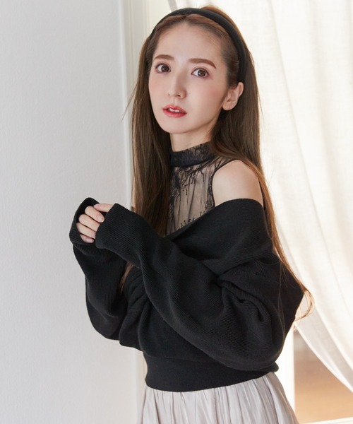 MIIA（ミーア）の「レースカシュクールニットトップス（ニット/セーター・レディース・ブラック/ブルー・FREE）」の5枚目の写真