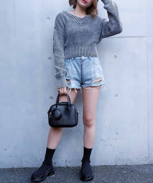 SPIRALGIRL（スパイラルガール）の「畦編みブリーチニットトップス（ニット/セーター・レディース・ネイビー/オフホワイト/オレンジ・FREE）」の5枚目の写真