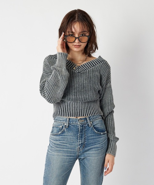 SPIRALGIRL（スパイラルガール）の「畦編みブリーチニットトップス（ニット/セーター・レディース・ネイビー/オフホワイト/オレンジ・FREE）」の7枚目の写真