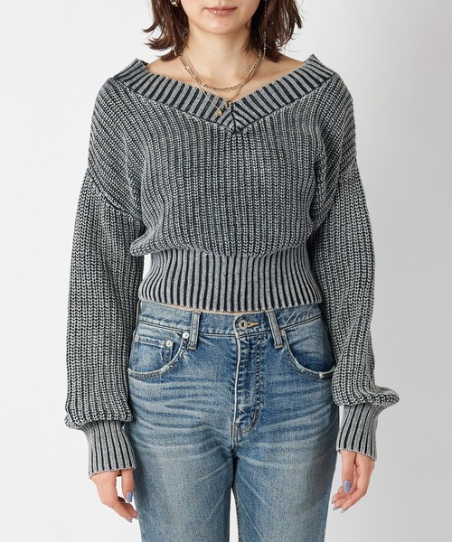 SPIRALGIRL（スパイラルガール）の「畦編みブリーチニットトップス（ニット/セーター・レディース・ネイビー/オフホワイト/オレンジ・FREE）」の8枚目の写真