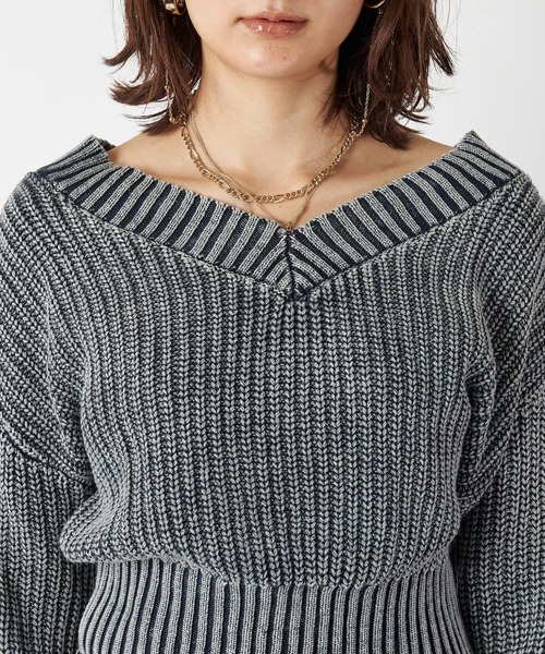 SPIRALGIRL（スパイラルガール）の「畦編みブリーチニットトップス（ニット/セーター・レディース・ネイビー/オフホワイト/オレンジ・FREE）」の12枚目の写真