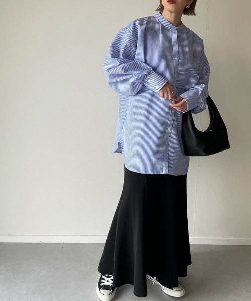 y/m by misato(イムバイミサト)の「ストライプケープシャツ(シャツ/ブラウス・レディース・ブラック/ブルー/グリーン・FREE)」の10枚目の写真