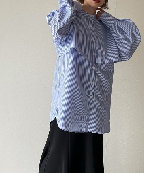 y/m by misato(イムバイミサト)の「ストライプケープシャツ(シャツ/ブラウス・レディース・ブラック/ブルー/グリーン・FREE)」の7枚目の写真
