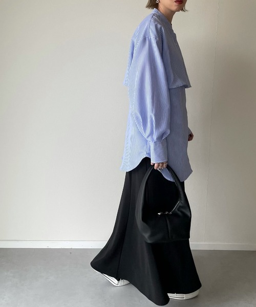 y/m by misato(イムバイミサト)の「ストライプケープシャツ(シャツ/ブラウス・レディース・ブラック/ブルー/グリーン・FREE)」の14枚目の写真