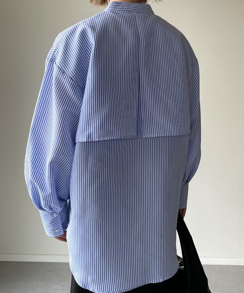y/m by misato(イムバイミサト)の「ストライプケープシャツ(シャツ/ブラウス・レディース・ブラック/ブルー/グリーン・FREE)」の11枚目の写真