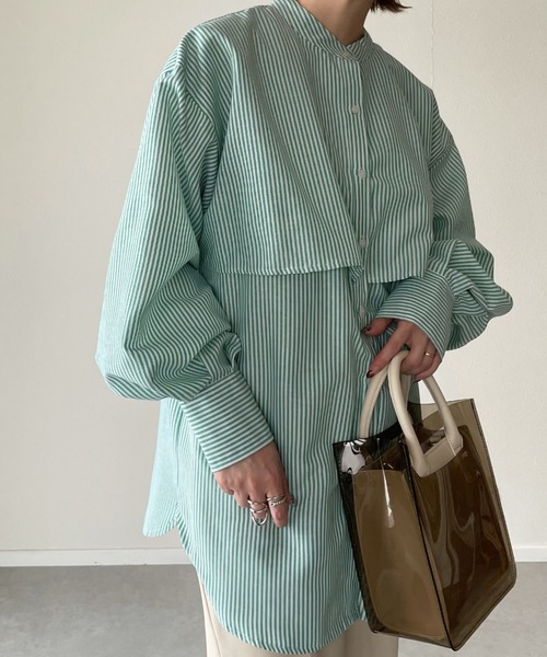 y/m by misato(イムバイミサト)の「ストライプケープシャツ(シャツ/ブラウス・レディース・ブラック/ブルー/グリーン・FREE)」の6枚目の写真