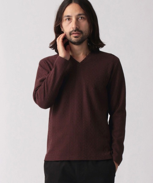 NICOLE CLUB FOR MEN（ニコルクラブフォーメン）の「【22年春モデル】アランニットボンディングＶネックプルオーバー（Tシャツ/カットソー・メンズ・ブラック/オフホワイト/ホワイト×ブラック/レッド系その他・MEDIUM/LARGE/X-LARGE）」の4枚目の写真