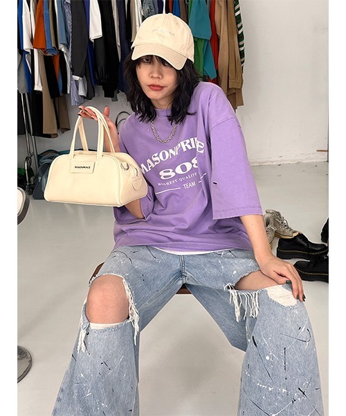 MASONPRINCE(メイソンプリンス)の「【MASONPRINCE】Oversized vintage-like logo print damage TEE DT3106(Tシャツ/カットソー・メンズ・グリーン/ライトブルー/パープル/ベージュ/ブラック/ブルー・S/L/M)」の6枚目の写真