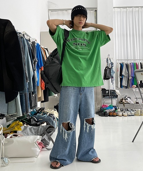 MASONPRINCE(メイソンプリンス)の「【MASONPRINCE】Oversized vintage-like logo print damage TEE DT3106(Tシャツ/カットソー・メンズ・グリーン/ライトブルー/パープル/ベージュ/ブラック/ブルー・S/L/M)」の9枚目の写真