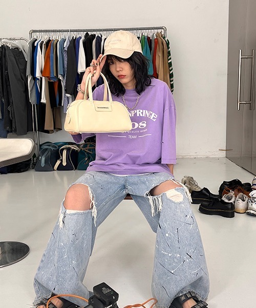 MASONPRINCE(メイソンプリンス)の「【MASONPRINCE】Oversized vintage-like logo print damage TEE DT3106(Tシャツ/カットソー・メンズ・グリーン/ライトブルー/パープル/ベージュ/ブラック/ブルー・S/L/M)」の12枚目の写真
