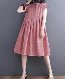 バックボタン ギンガムチェックタックワンピース