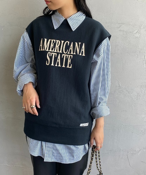 AMERICANA（アメリカーナ）の「[Americana×JEANS FACTORY/アメリカーナ×ジーンズファクトリー] 別注 AMERICAN STATE ロゴプリントスウェットベスト（ベスト・レディース・アイボリー/スミクロ/パープル・ONE SIZE）」の3枚目の写真