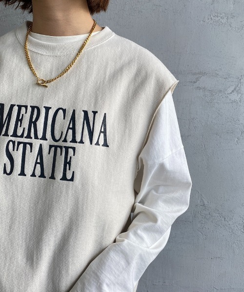 AMERICANA（アメリカーナ）の「[Americana×JEANS FACTORY/アメリカーナ×ジーンズファクトリー] 別注 AMERICAN STATE ロゴプリントスウェットベスト（ベスト・レディース・アイボリー/スミクロ/パープル・ONE SIZE）」の13枚目の写真