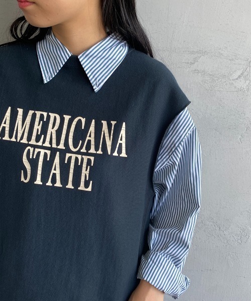 AMERICANA（アメリカーナ）の「[Americana×JEANS FACTORY/アメリカーナ×ジーンズファクトリー] 別注 AMERICAN STATE ロゴプリントスウェットベスト（ベスト・レディース・アイボリー/スミクロ/パープル・ONE SIZE）」の22枚目の写真