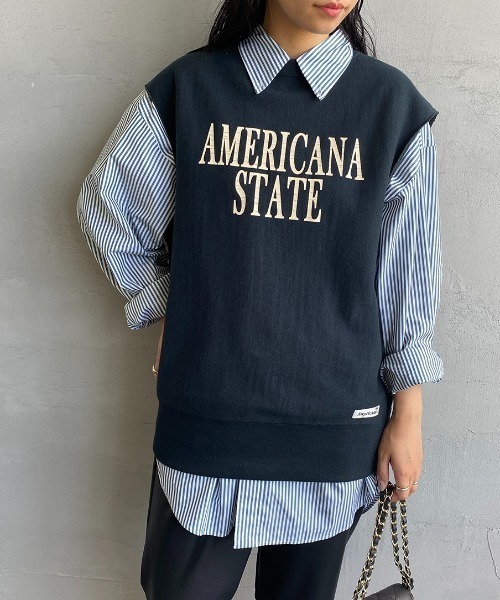 AMERICANA（アメリカーナ）の「[Americana×JEANS FACTORY/アメリカーナ×ジーンズファクトリー] 別注 AMERICAN STATE ロゴプリントスウェットベスト（ベスト・レディース・アイボリー/スミクロ/パープル・ONE SIZE）」の15枚目の写真